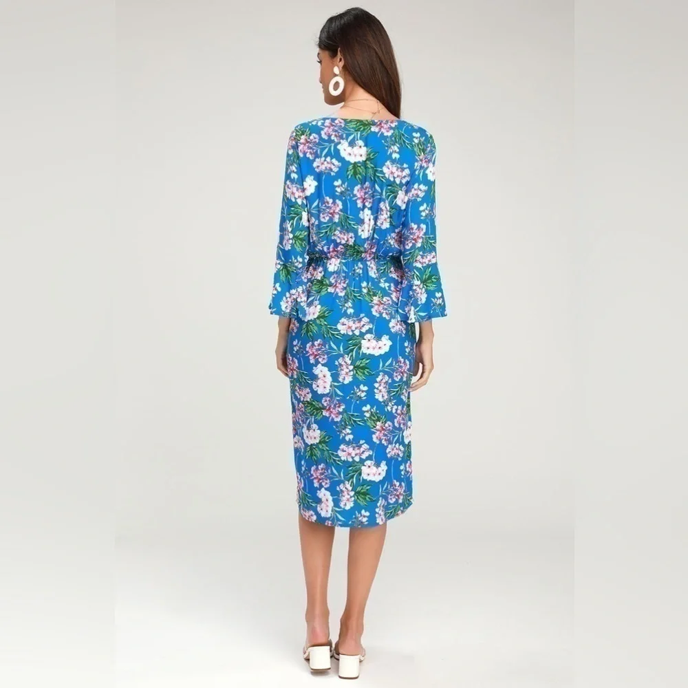 Lulu's Bright Blue Floral Wrap Midi Dress - Picture 2 of 8